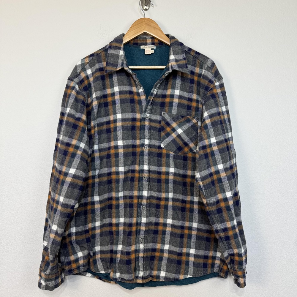 carbon2cobalt Shirt Mens Extra Large Gray Blue Plaid Flannel Lined Button Front